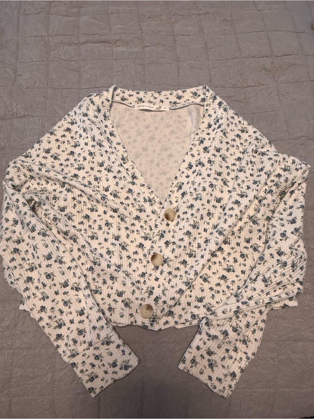 Altar'd State Cream Cropped Cardigan with Green Floral